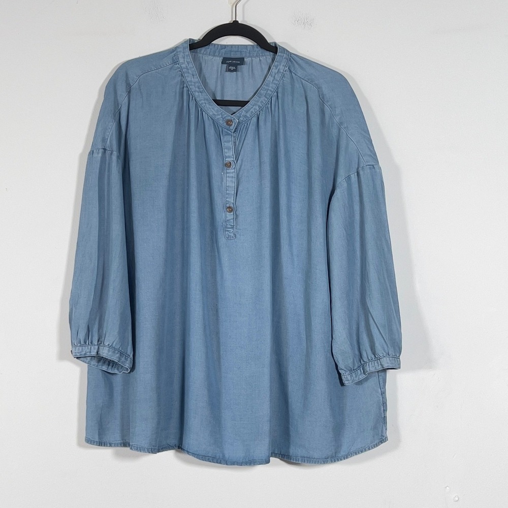 J. Jill Top Womens XL Blue Denim Tencel Lyocell Henley Blouse 3/4 Sleeve Relaxed